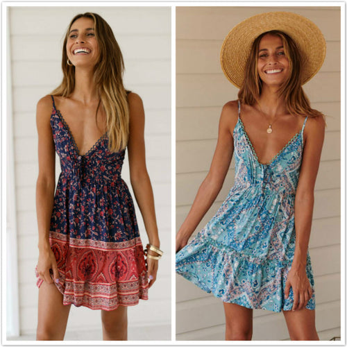 Women's Boho Floral V-Neck Sleeveless Backless